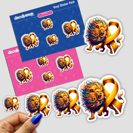 Lion Gold Ribbon Childhood Cancer Awareness sticker featuring a colorful lion with a yellow ribbon, symbolizing support for childhood cancer awareness, available as a vinyl sticker or digital artwork.