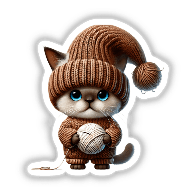 Adorable Burmese cat gnome holding yarn ball, digital artwork