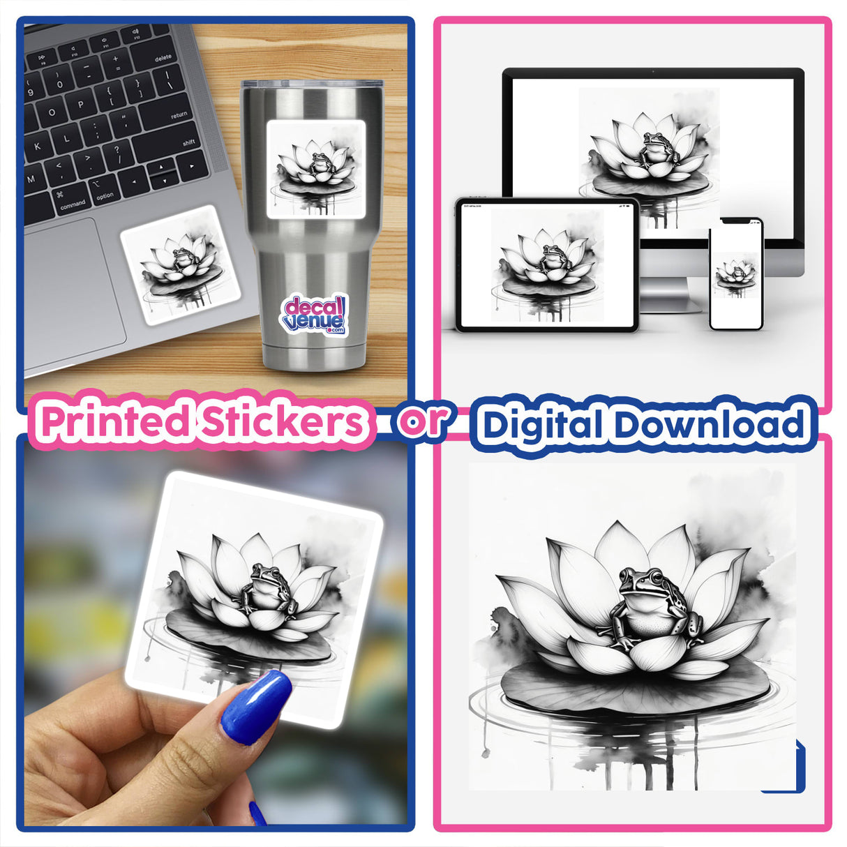 Sumi-e Frog on Lotus Leaf Traditional Japanese Ink Art available as stickers or digital artwork, showcasing a minimalist frog design on a lotus leaf, highlighting Decal Venue's unique artistic offerings.