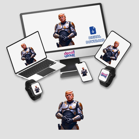 Futuristic President Donald Trump depicted in digital artwork, showcasing him in armor on a laptop screen. Available as unique stickers or digital art from Decal Venue.