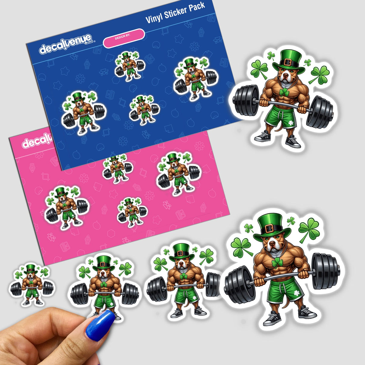 Irish Leprechaun Workout Pitbull Dog sticker pack featuring muscular cartoon dogs lifting weights, available as unique vinyl stickers or digital artwork.