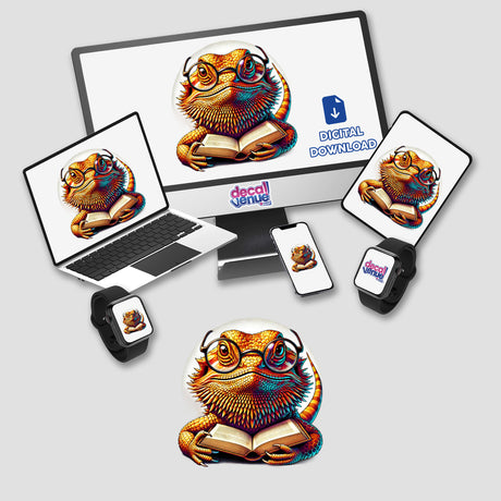 Bearded Dragon With Reading Glasses Open Book depicted on a laptop screen, showcasing a cartoon lizard engrossed in a book, available as stickers or digital artwork from Decal Venue.