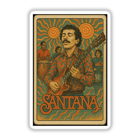 Santana Vintage Trading Card Art – Printable Digital Download or Sticker featuring Carlos Santana playing guitar, inspired by 1960s psychedelic style, ideal for rock fans and collectors.