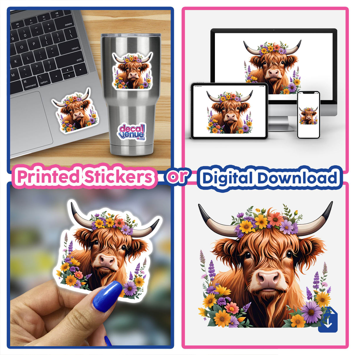 Highland Cow Portrait Floral Accents PA60