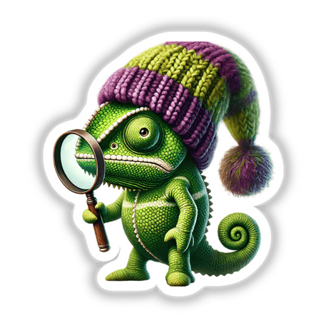 Cute green chameleon with magnifying glass, wearing a colorful hat