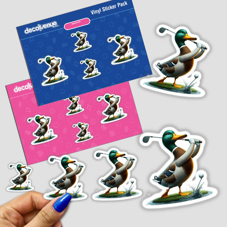 Mallard Duck Hitting Golf Ball sticker pack, featuring multiple cartoon ducks with golf clubs. A hand with blue nail polish is shown holding one of the stickers.