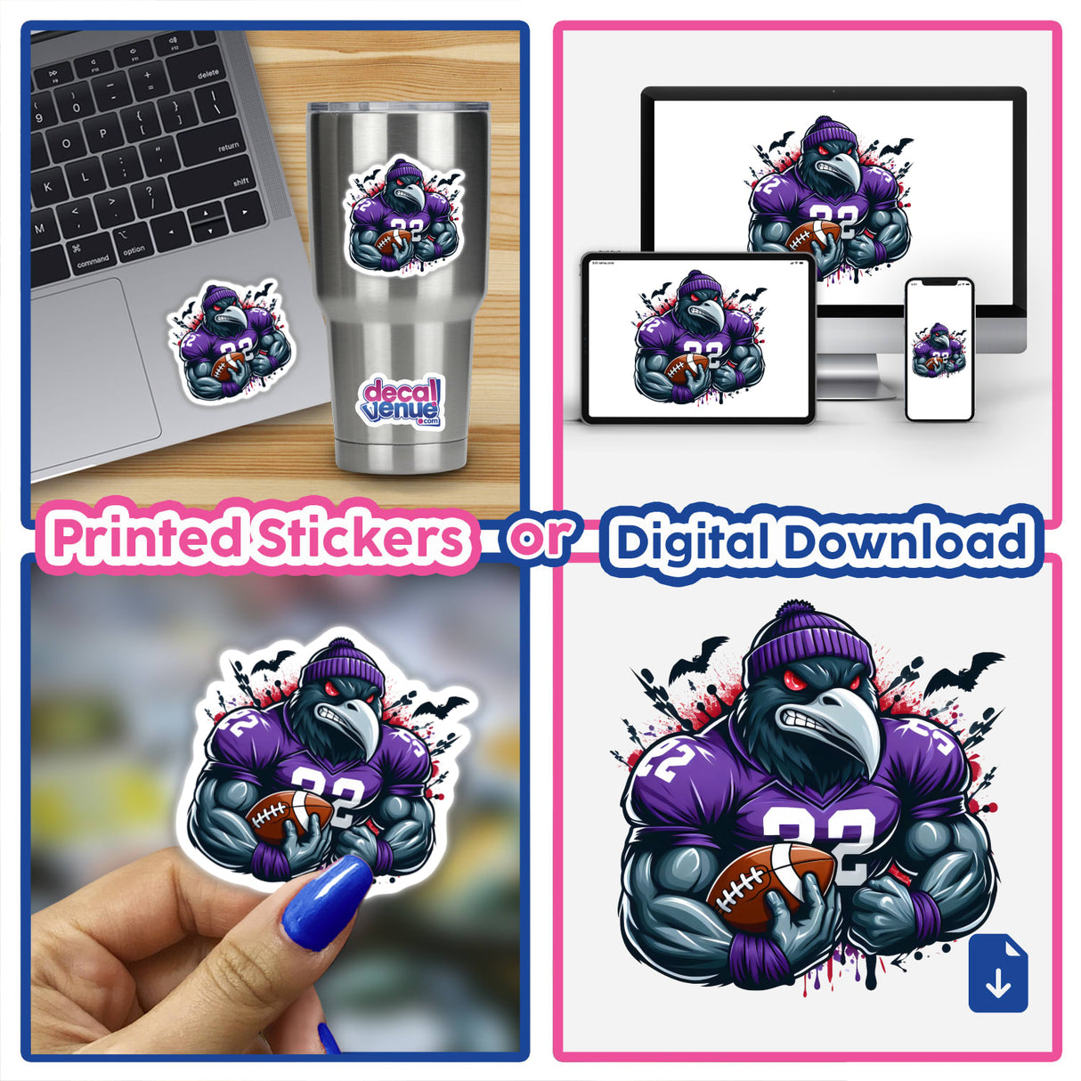 Purple Raven Bird Wearing Football Jersey II, depicted in various cartoon stickers and digital artwork. The collage showcases the bird holding a football, perfect for unique decoration.