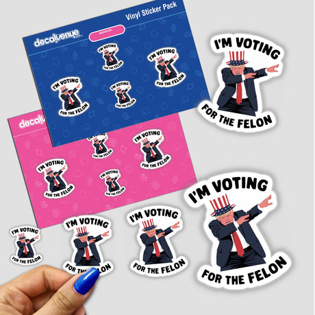 Unique stickers featuring satirical designs related to voting for a felon, as shown in the product image from the Decal Venue store. The stickers depict a caricature of the former US president making a controversial gesture.