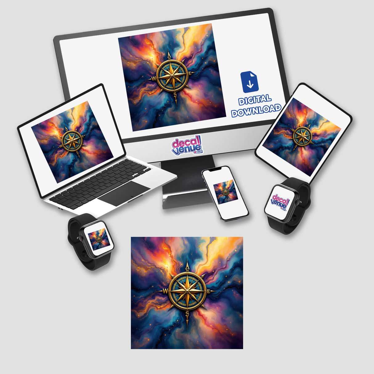 Compass Alcohol Ink Design displayed on a computer monitor, laptop, and phone screens, available as stickers or digital artwork. Perfect for showcasing unique digital art from Decal Venue.
