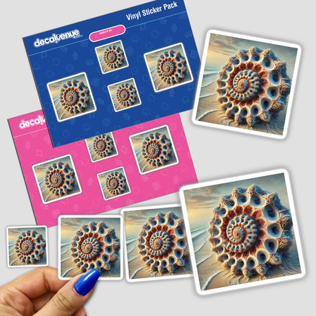 Hand holding a sticker pack titled Fractal Shell - A Seashell with Endless, Repeating Patterns, showcasing intricate seashell designs with spirals. Suitable as stickers or digital artwork.