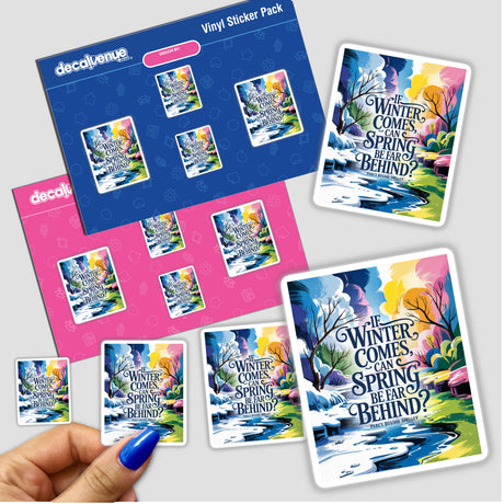 Winter to Spring Shelley Quote Sticker featuring Fauvist Seasonal Transition Clipart. A hand is holding a sticker pack, showcasing diverse designs available as stickers or digital artwork with commercial rights.