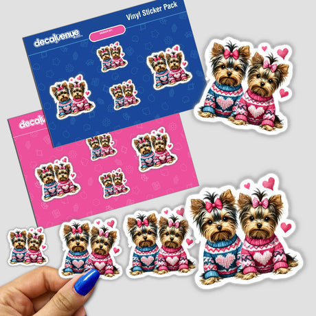 Two Yorkie Dogs in Heart Sweaters featured on charming stickers, showcasing cartoon dogs in cozy attire. Available as stickers or digital artwork, reflecting Decal Venue's unique collection.