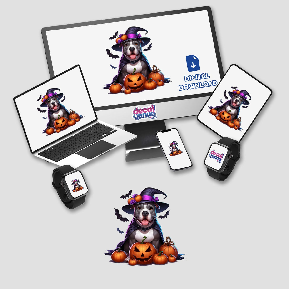 Halloween Pitbull Dog Dracula Cape and Witch Hat, displayed as stickers or digital artwork, featuring a cartoon pitbull in a Dracula cape and witch hat with pumpkins.