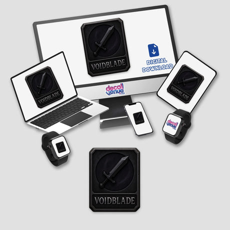 Voidblade – RPG-Style Skill Badge features a dark silver shadow sword emblem, available as vinyl stickers or digital artwork, perfect for enhancing your collection with a touch of fantasy.