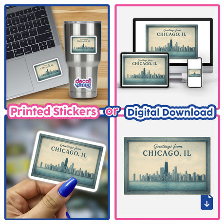 Greetings from Chicago Postcard Sticker or Clipart featuring a vintage skyline design, available as stickers or digital artwork, capturing the city's iconic architecture in a retro style.