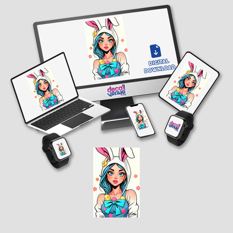 a laptop, phone, and other electronic devices with stickers on them