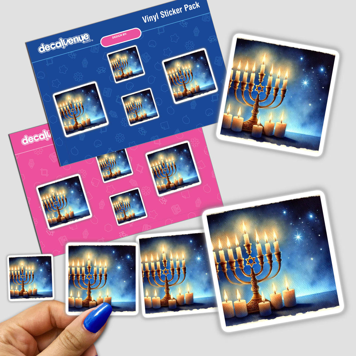 Hand holding a sticker pack titled Hanukkah Lights - Menorah with Glistening Candles, featuring illustrations of lit menorah candles.