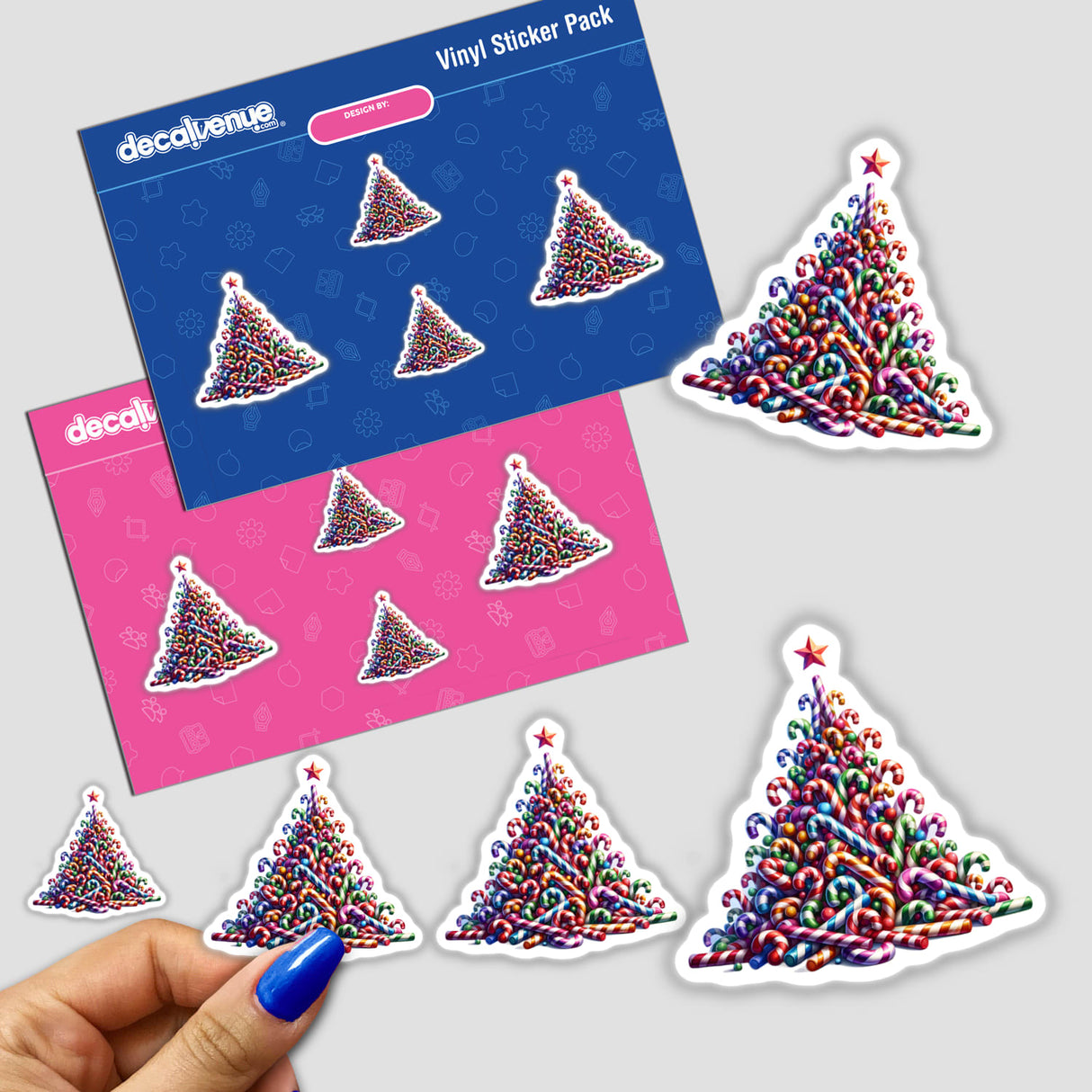 Sticker pack featuring the Colorful Candy Cane Christmas Tree design, showcasing a festive arrangement of candy canes forming a tree. Available as stickers or digital artwork from Decal Venue.