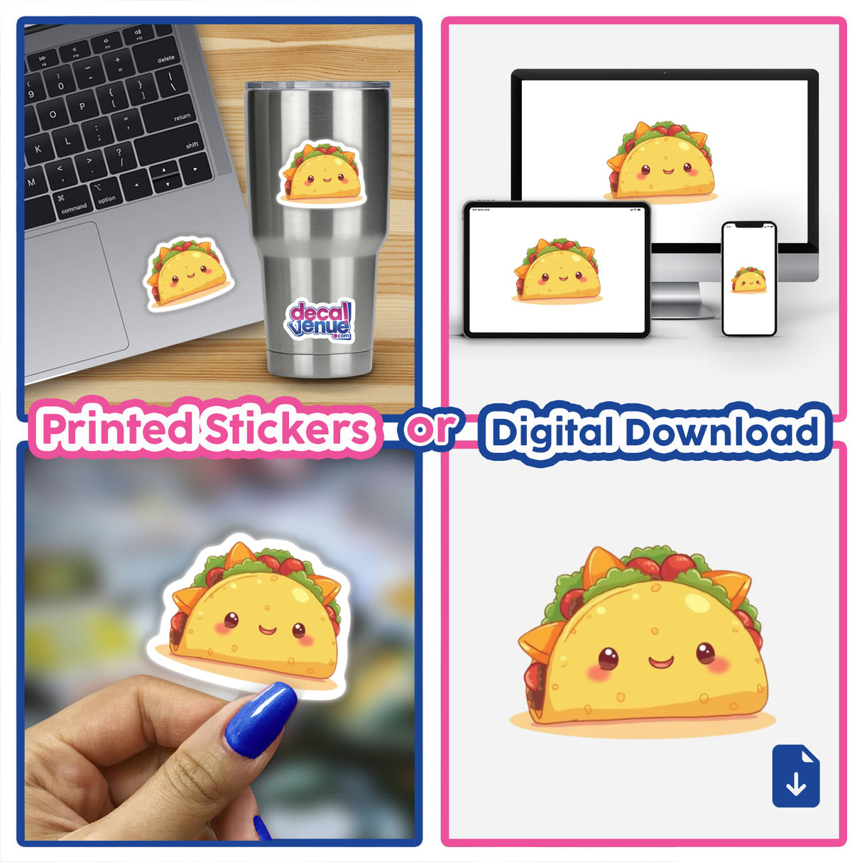 Kawaii Taco Sticker featuring a cute taco with toppings, ideal for National Taco Day. Use as a decal or food clipart with commercial rights. Available as stickers or digital artwork.