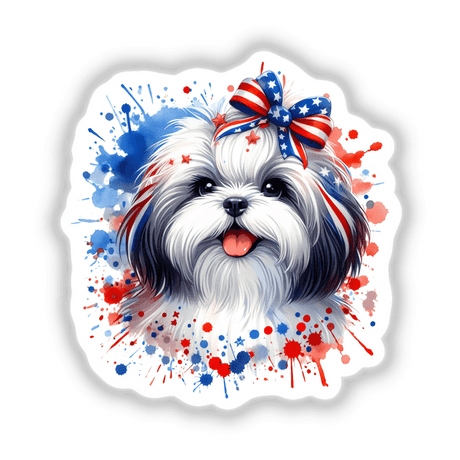 American Flag Splatter Shih Tzu Dog with a bow on its head, available as stickers or digital artwork.