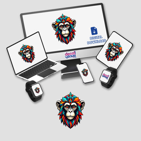 Cool Monkey King design displayed on a computer screen, laptop, and smartwatch, available as stickers or digital artwork. Features a monkey with a diamond crown, ideal for unique decor.