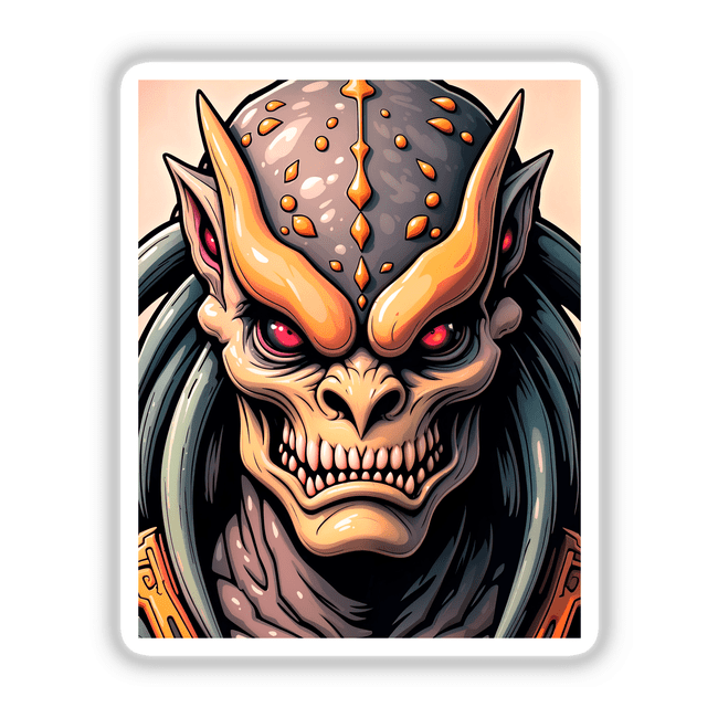 Cool Alien Predator Soldier cartoon illustration, available as unique stickers or digital artwork, showcasing a fictional character's head with distinctive art style, perfect for fans of imaginative designs.