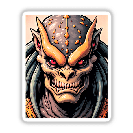 Cool Alien Predator Soldier cartoon illustration, available as unique stickers or digital artwork, showcasing a fictional character's head with distinctive art style, perfect for fans of imaginative designs.