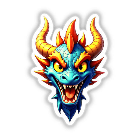 A Cool Fantasy Dragon: Cartoon blue dragon with yellow horns, available as stickers or digital artwork at Decal Venue.