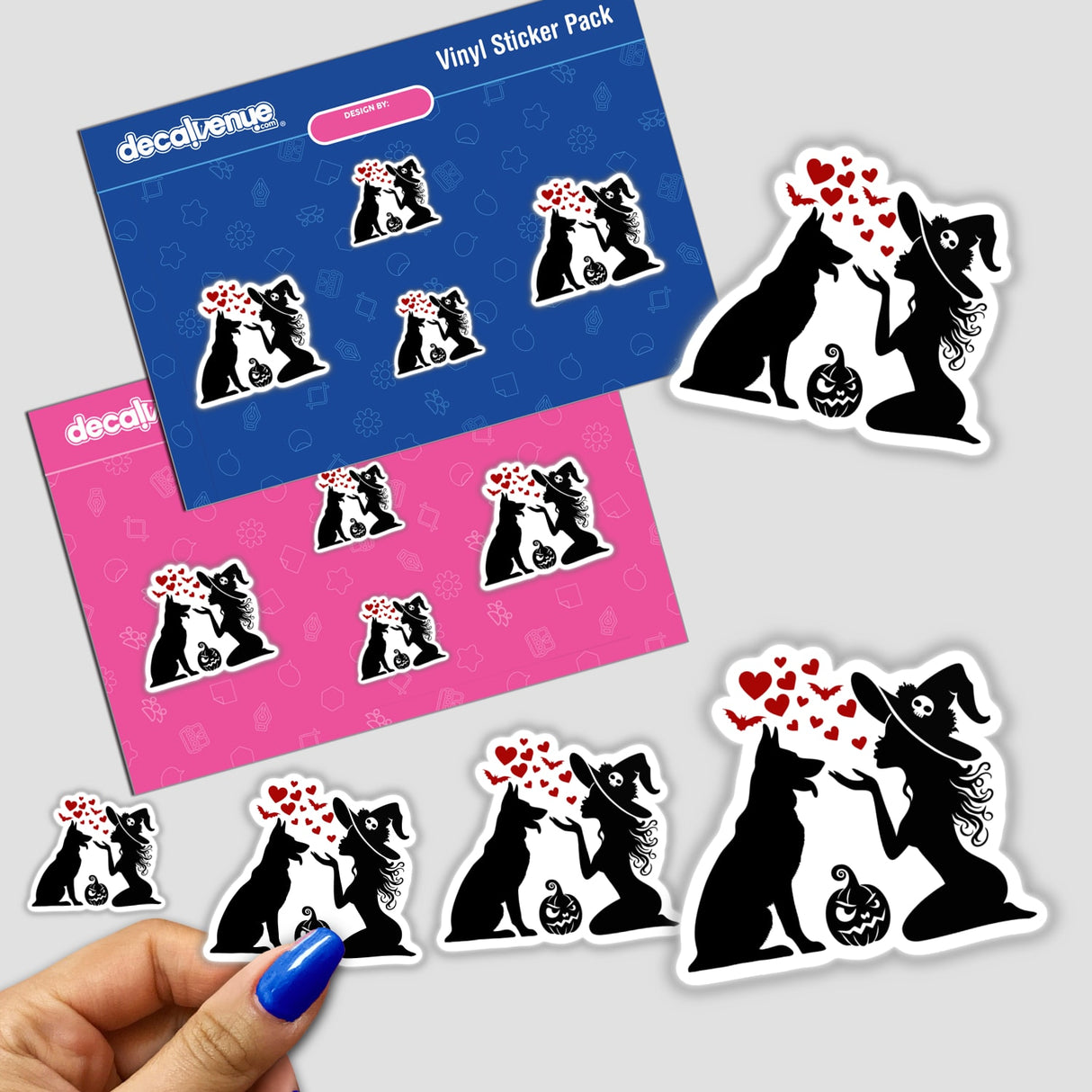 Halloween Witch Lady Loves German Shepherd Dog - Digital Artwork Stickers by Ella Designz for Decal Venue