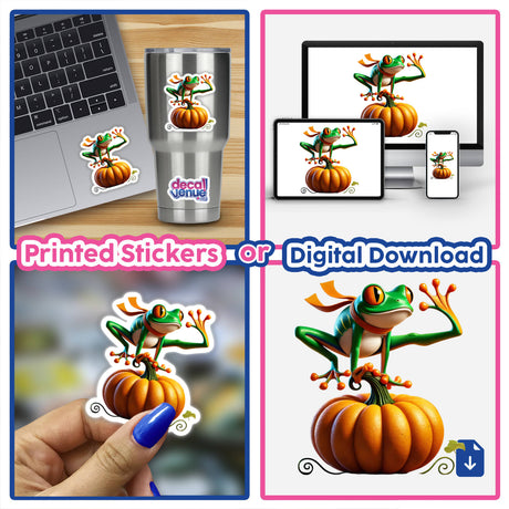 Frog Standing on Pumpkin sticker or digital artwork, featuring a cartoon frog with orange eyes perched on a pumpkin, displayed on a laptop screen.