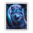 A Wolf In The Night With A Bright Moon: an artistic depiction of a wolf with glowing eyes against a moonlit forest backdrop, available as unique stickers or digital artwork from Decal Venue.