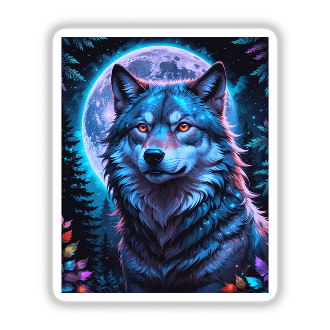 A Wolf In The Night With A Bright Moon: an artistic depiction of a wolf with glowing eyes against a moonlit forest backdrop, available as unique stickers or digital artwork from Decal Venue.