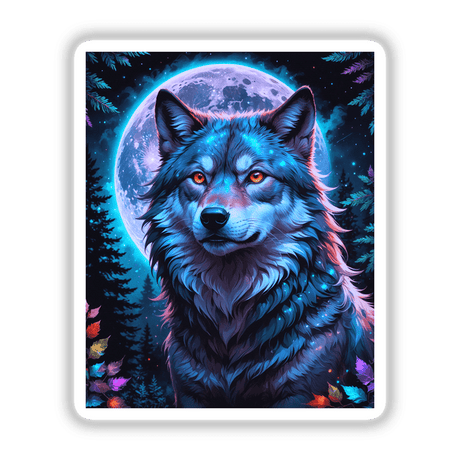 A Wolf In The Night With A Bright Moon: an artistic depiction of a wolf with glowing eyes against a moonlit forest backdrop, available as unique stickers or digital artwork from Decal Venue.