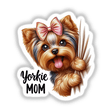 Adorable Yorkshire Terrier dog with a pink bow in its groomed, silky fur and a happy expression, placed against a plain background