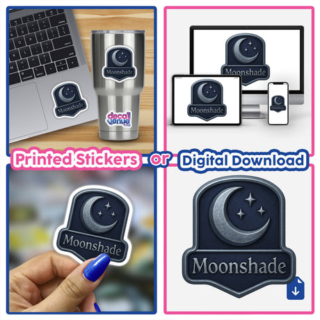 Moonshade – RPG-Style Skill Badge (Silver & Indigo Night Emblem) featuring intricate design, available as stickers or digital artwork, embodying Decal Venue’s unique vinyl aesthetic.