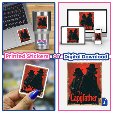 The Capyfather Sticker or Clipart features a humorous capybara mafia design, ideal for adding a playful touch to laptops or digital projects, available with commercial rights.