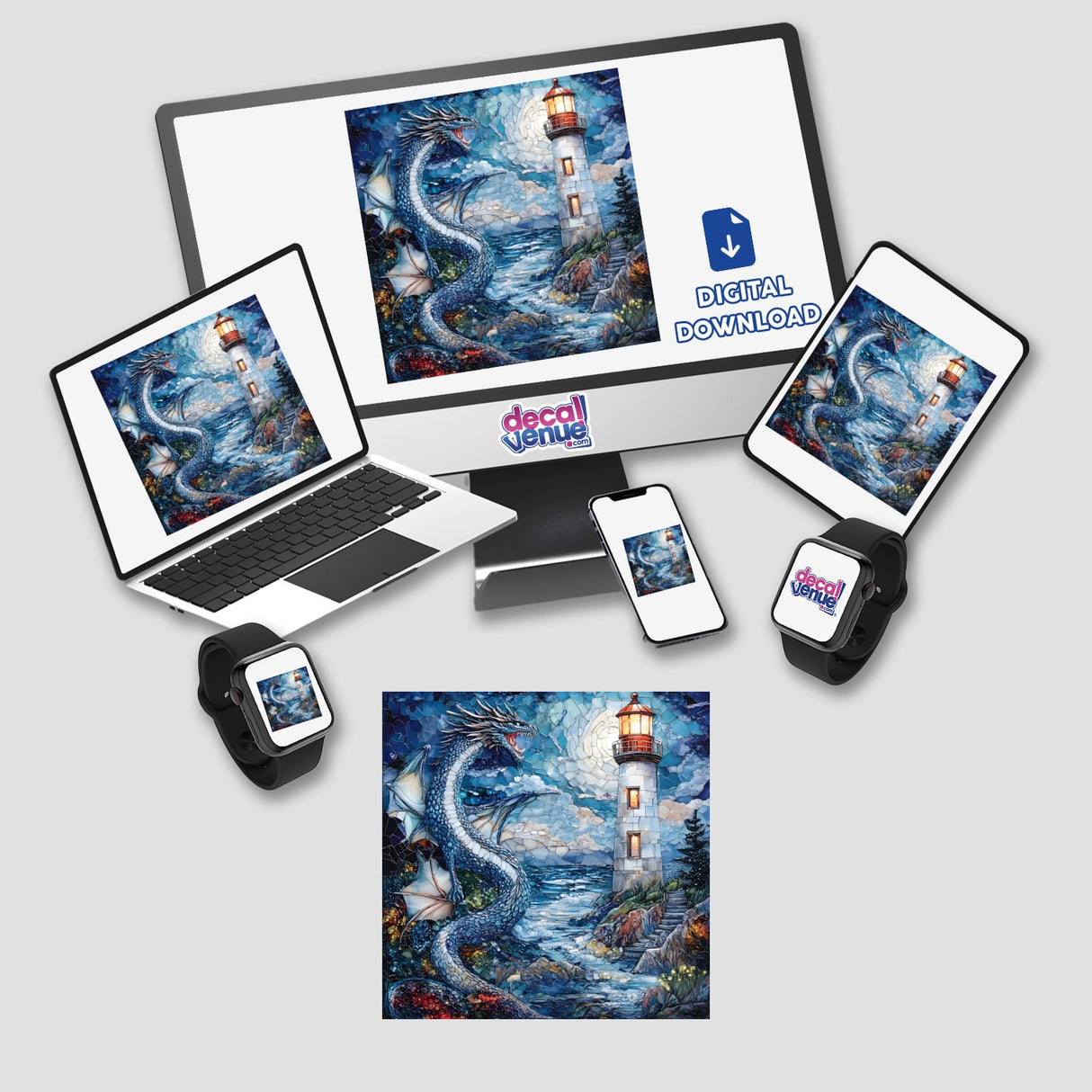 Mystical Dragon and Lighthouse Mosaic displayed on various devices, including a laptop, monitor, tablet, and phone, showcasing its versatility as stickers or digital artwork.