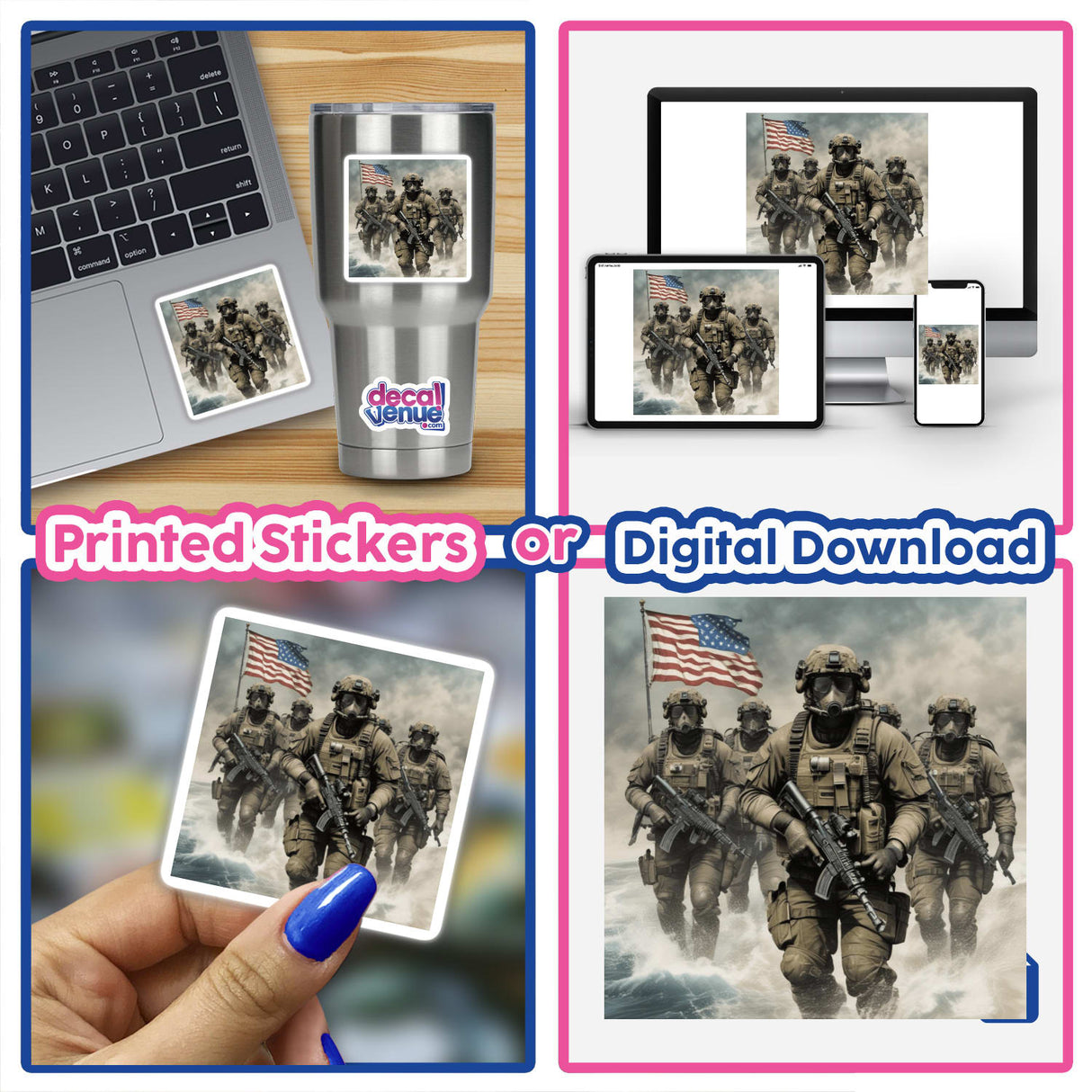Hero Series 4 collage features soldiers, laptops, and military gear, available as stickers or digital artwork from Decal Venue.