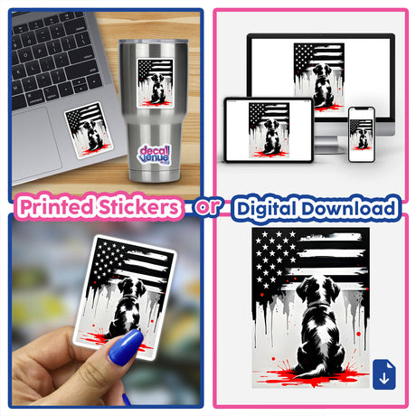 Collage featuring A Cute Puppy Looks At The American Flag sticker on a laptop, highlighting Decal Venue's unique vinyl sticker collection.