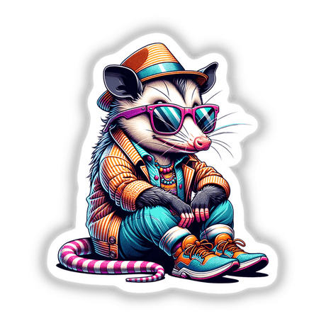 Stylish Opossum Sunglasses: Cartoon opossum wearing sunglasses and a hat, available as stickers or digital artwork from Decal Venue.