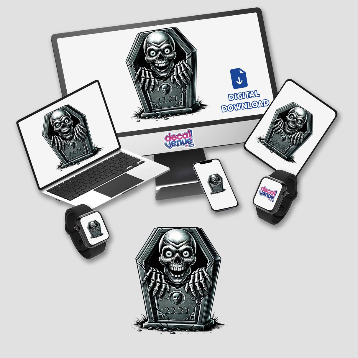 Halloween Skeleton Peeking Out of Tombstone digital artwork displayed on a computer screen and laptop, featuring a skull emerging from a coffin. Available as stickers or digital downloads.