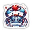 Watercolor Blue Crab Holding Heart: A vibrant digital art piece featuring a blue crab clutching a red heart, perfect as a unique sticker or wall art for marine life enthusiasts.