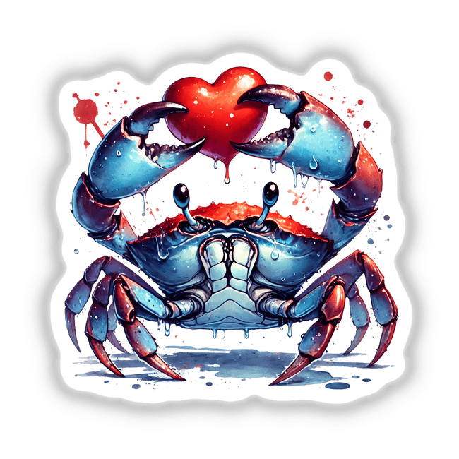 Watercolor Blue Crab Holding Heart: A vibrant digital art piece featuring a blue crab clutching a red heart, perfect as a unique sticker or wall art for marine life enthusiasts.