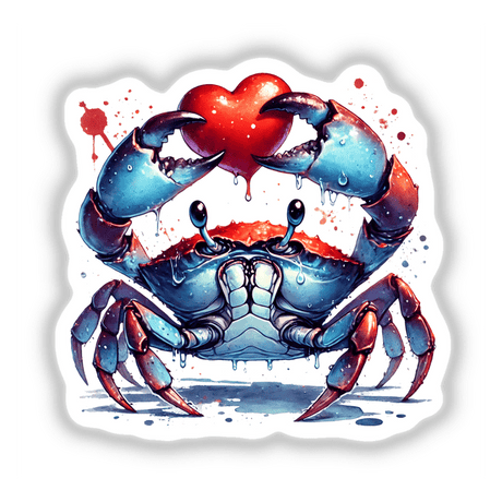 Watercolor Blue Crab Holding Heart: A vibrant digital art piece featuring a blue crab clutching a red heart, perfect as a unique sticker or wall art for marine life enthusiasts.
