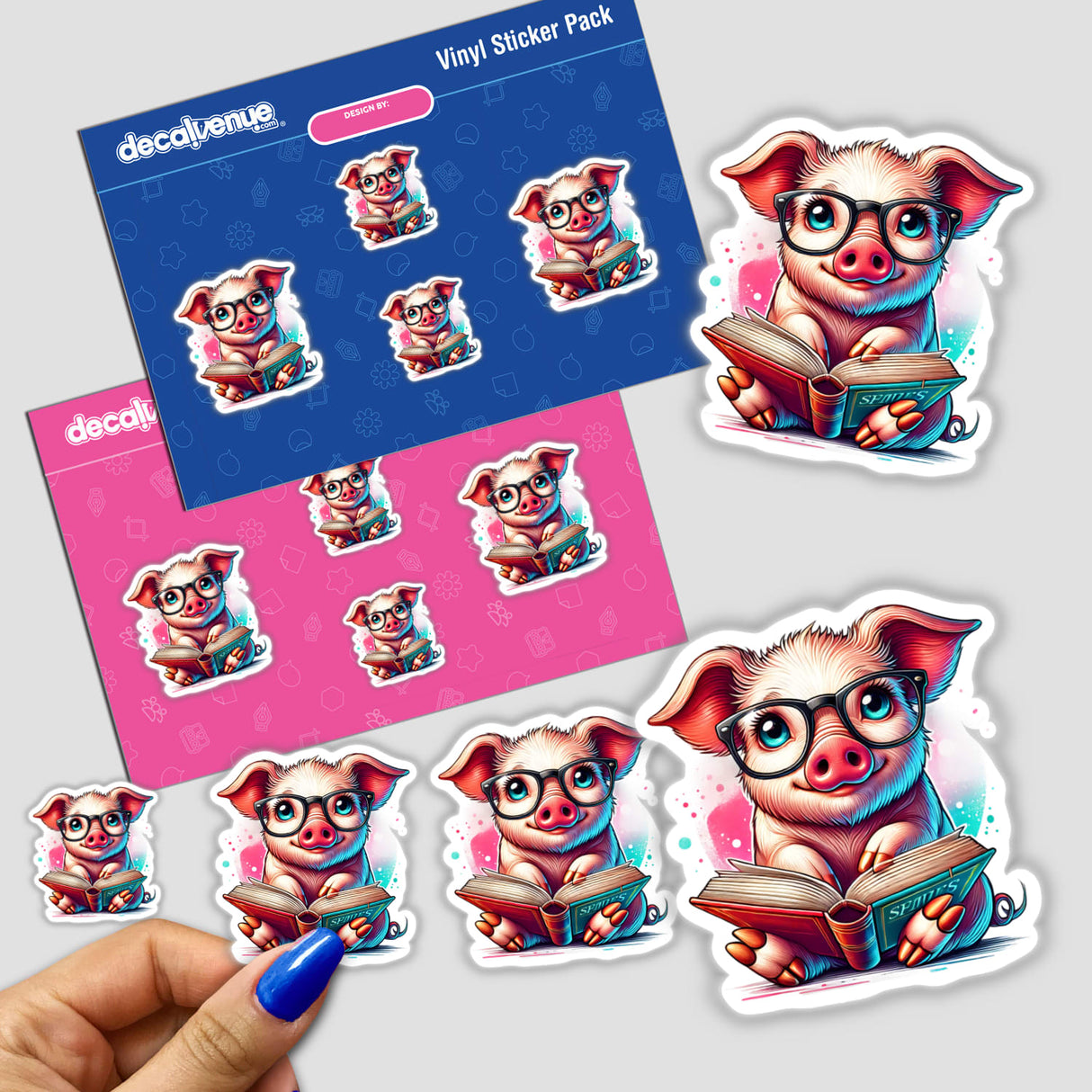 Hand holding a sticker of a cartoon pig wearing reading glasses and holding a book, part of the Pig in Reading Glasses with Book sticker pack from Decal Venue.