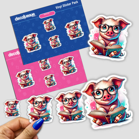 Hand holding a sticker of a cartoon pig wearing reading glasses and holding a book, part of the Pig in Reading Glasses with Book sticker pack from Decal Venue.