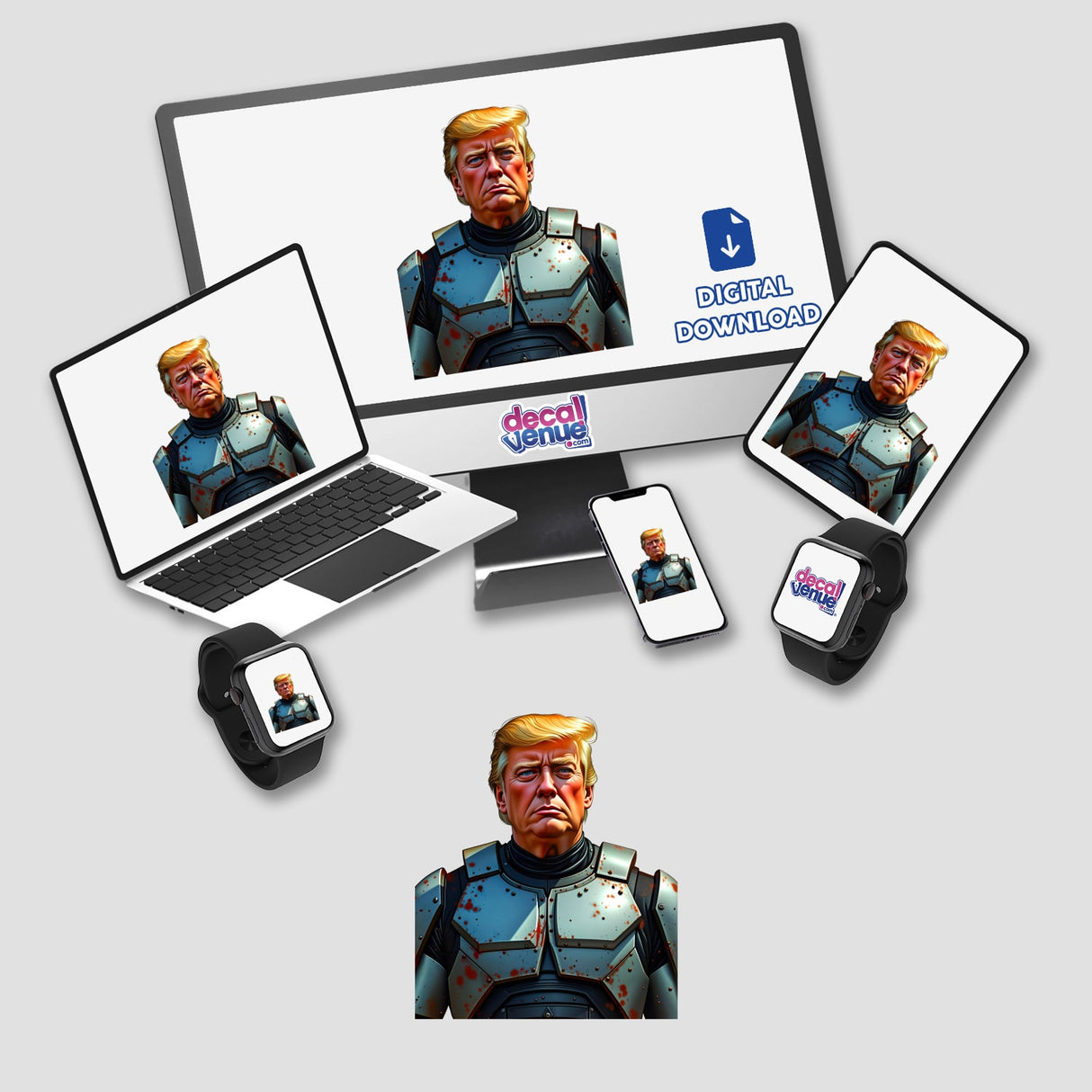 Futuristic President Donald Trump depicted on screens and devices, available as stickers or digital artwork, featuring a man in armor with blood on his face.