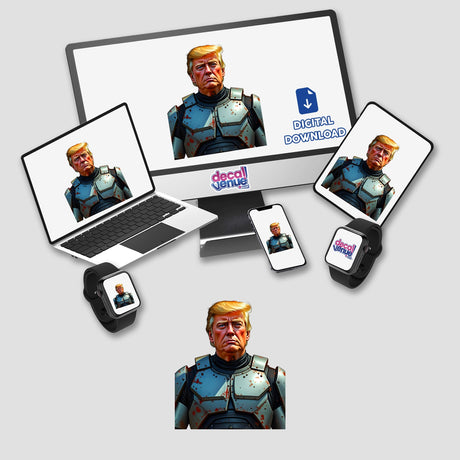 Futuristic President Donald Trump depicted on screens and devices, available as stickers or digital artwork, featuring a man in armor with blood on his face.