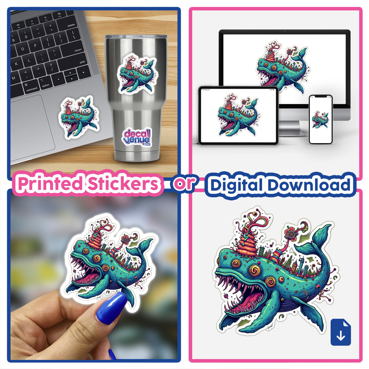 Baleia Fantasia: A collage featuring stickers and digital artwork of a whimsical cartoon whale with various scenes, including a city and a castle, available as unique items.