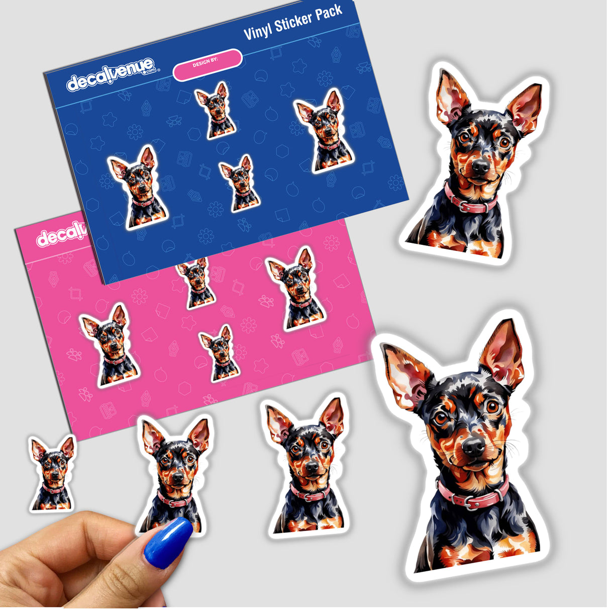 Miniature Pinscher Dog Watercolor Clipart & Stickers – Commercial Rights, featuring a detailed dog face in a sticker pack, ideal for unique creative projects.